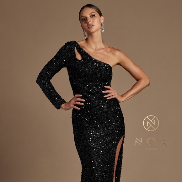 NEW ONE SHOULDER SEQUIN GOWN WITH CUT OUT DETAIL AND A SLIT ON SKIRT NXS1013 - Picture 1 of 8